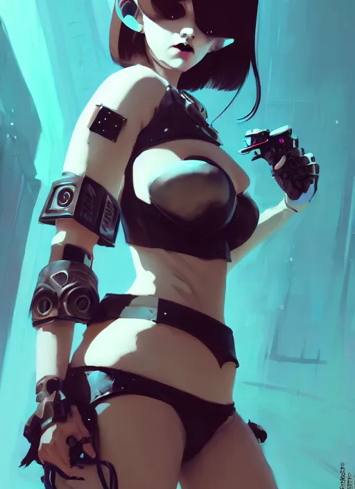 Image similar to portrait of cute goth girl in cyber bikini armor, face by ilya kuvshinov, warhammer, cyberpunk, by atey ghailan, by greg rutkowski, by greg tocchini, by james gilleard, by joe fenton, by kaethe butcher, dynamic lighting, gradient light blue, brown, blonde cream and white color in scheme, grunge aesthetic