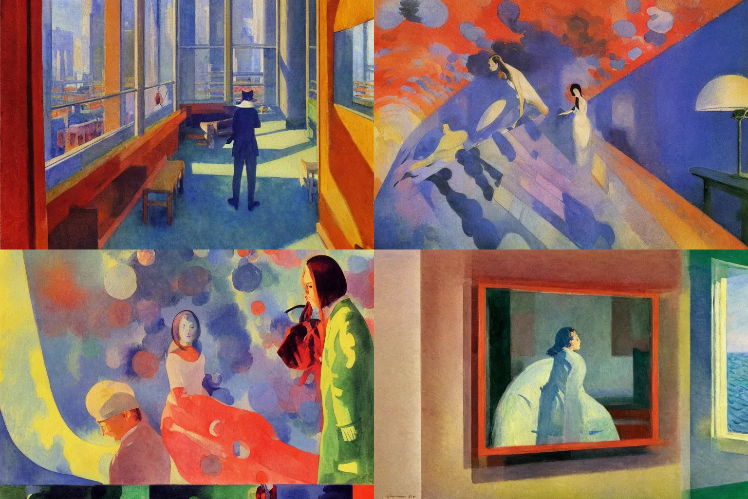 Prompt: impressionist watercolor painting by Claude Monet, surrealist reflected invention of the self in multiple mirrored realities by Edward Hopper, by Dean Ellis, by Sonia Delaunay, by Jean Giraud, 1942, fisheye lens