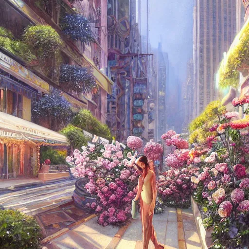 Image similar to a painting of an art - deco cityscape surrounded by flowers, a watercolor and matte painting by donato giancola and mandy jurgens and charlie bowater, cgsociety, artdeco, utopia art, sci - fi, artstation hq