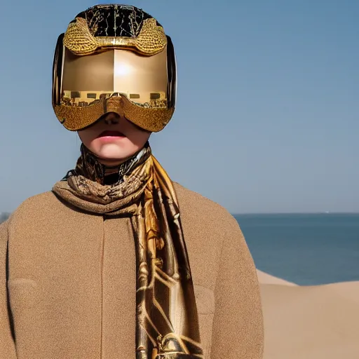 Image similar to Portrait of an editorial model with reflective ornate gold color blocks helmet mask scarf standing in sand dunes in the Grand Budapest Hotel