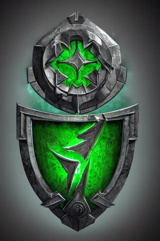 Image similar to green medieval shield, powerful fantasy epic legends, game icon stylized, digital illustration radiating, a glowing aura, global illumination, ray tracing, 8 k high definition, intricate details, octane render, unreal engine, trending on arstation