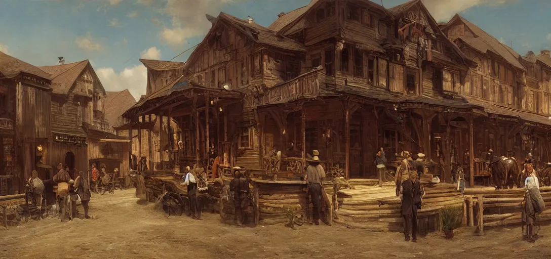 Prompt: painting of a western saloon exterior in old town, andreas achenbach, cinematic wide shot