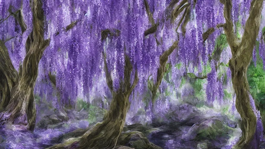 Prompt: wisteria forest with a narrow rocky purple river flowing through it. beautiful twisted old trees in full bloom. small ferns grow between the trees. digital painting. trending on artstation.