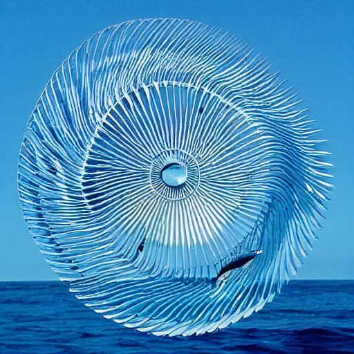 Image similar to A beautiful kinetic sculpture of a blue ocean with waves crashing against the shore. The sun is shining brightly and there are seagulls flying in the sky. positivism by Janine Antoni kaleidoscopic