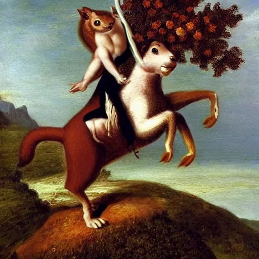 Image similar to a giant squirrel carrying napoleon!!! on its back, napoleon riding, beach scene with flowers and foliage, detailed oil painting