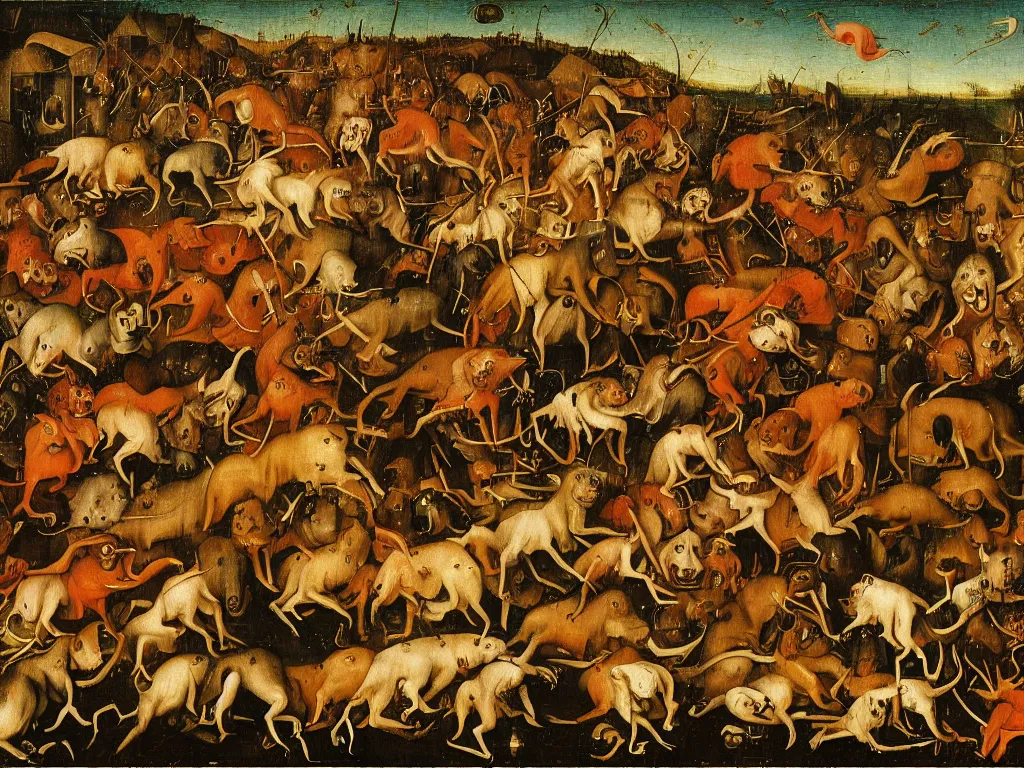 Image similar to dogs in a moshpit at a metal festival jumping and growling at each other, by hieronymus bosch, very wild, cool lighting at sunset, very detailed, concept art