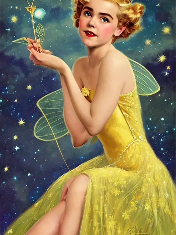 Prompt: kiernan shipka as tinkerbell, a beautiful art nouveau portrait by Gil elvgren, moonlit starry sky environment, centered composition, defined features, golden ratio, gold jewlery