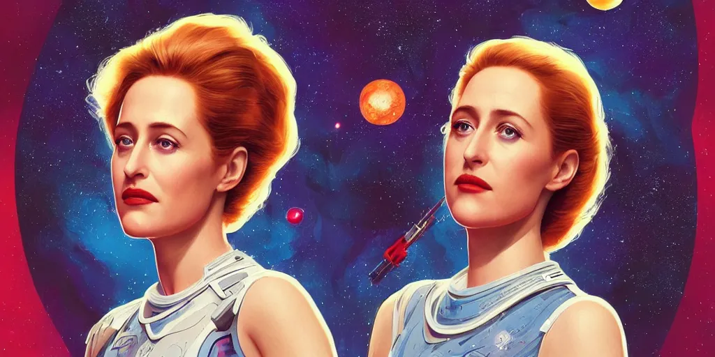 Image similar to Young Gillian Anderson as a stunning , beautiful retro SCI-FI space heroine 1985 , movie poster, intricate, elegant, highly detailed, centered, digital painting, trending on artstation, concept art, smooth, sharp focus, illustration, art by raphael lacoste ,eddie mendoza ,alex ross, WLOP