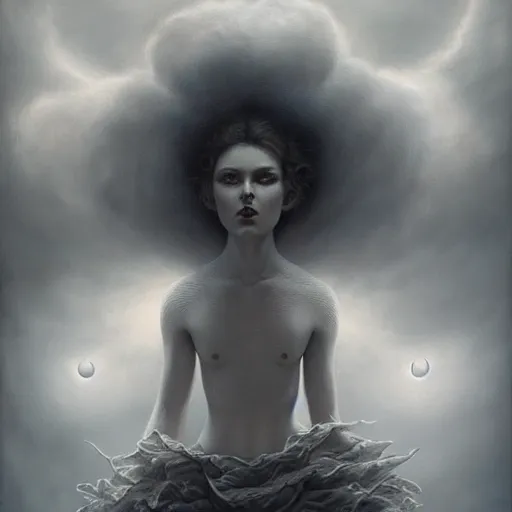 Prompt: By Tom Bagshaw, ultra realist soft painting of magical universe by night, Lilipuff, symmetry accurate features, very intricate details, ominous sky, black and white, volumetric light clouds