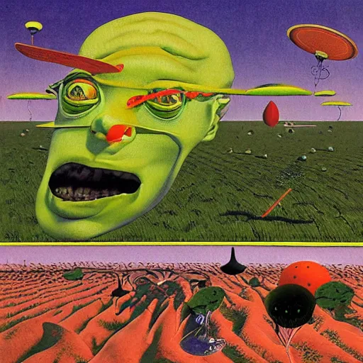 Image similar to ufos flying and pepe the frog throwing frisbees in the air, playing disc golf. cinematic horror by chris cunningham, junji ito, aleksandra waliszewska, richard corben, norman rockwell, highly detailed, vivid color, beksinski painting, part by adrian ghenie and gerhard richter. art by takato yamamoto. masterpiece