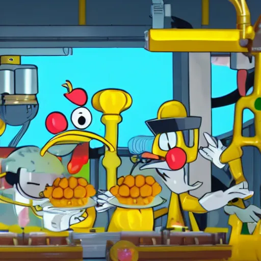 Prompt: Sebee working in chicken nugget factory with Cuphead , 4k