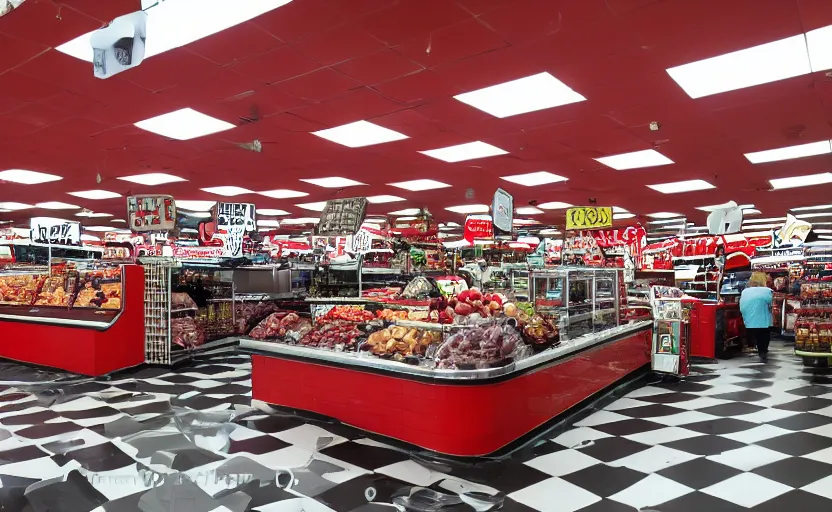 Prompt: interior of a 1950s style super market, retro equipment, red, black and white checkered patterns, us style