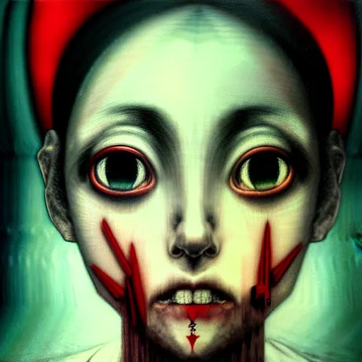 Image similar to yoshitaka amano blurred and dreamy realistic three quarter angle horror portrait of a sinister young woman with short hair, horns and red eyes wearing office suit with tie, junji ito abstract patterns in the background, satoshi kon anime, noisy film grain effect, highly detailed, renaissance oil painting, weird portrait angle, blurred lost edges