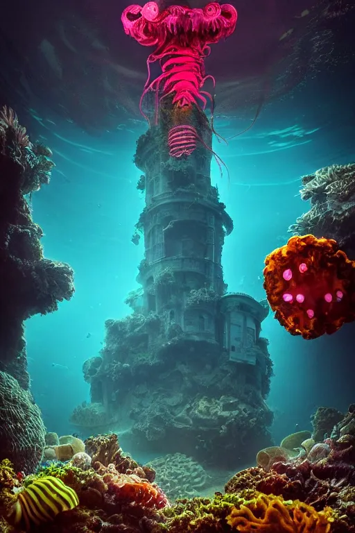 Prompt: high quality photo of cinematic underwater dystopian cyber - rococo city ruins with giant bioluminescent colorful mutant plants and cyborg jellyfish, digital art masterpiece, aykut aydogdu eric zener, dramatic volumetric light, extreme long shot, ground angle uhd 8 k, deep focus