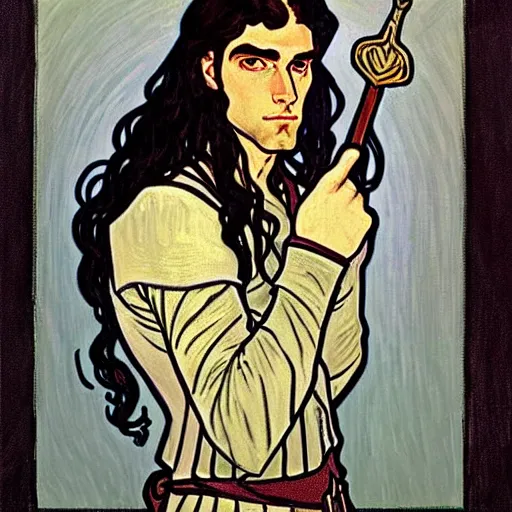 Prompt: painting of handsome beautiful paladin elf! man with long wavy dark hair in his 2 0 s named shadow taehyung at the blueberry party, wearing armor!, elegant, clear, painting, stylized, delicate, soft facial features, art, art by alphonse mucha, vincent van gogh, egon schiele,
