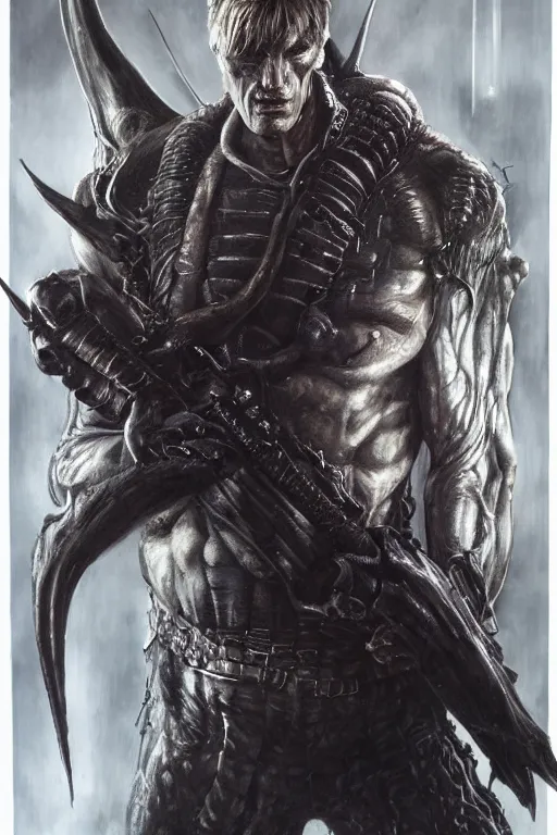 Image similar to portrait of dolph lundgren by hr giger, greg rutkowski and wayne barlowe as a diablo, resident evil, dark souls, bloodborne monster