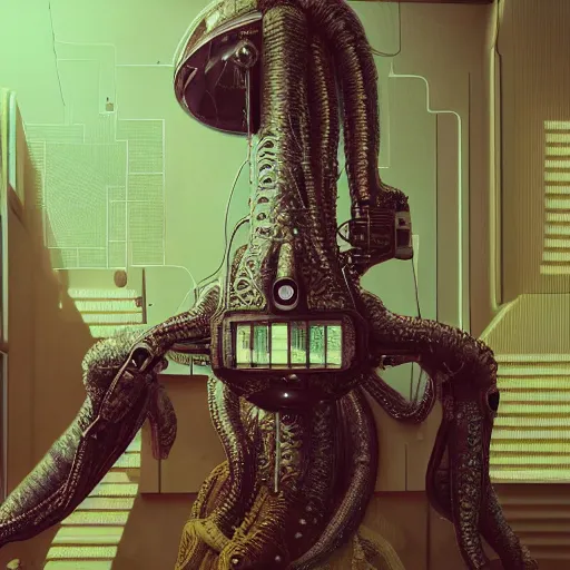 Image similar to portrait of a squid monster astronaut, in a 1970s livingroom , full body portrait, well lit, intricate abstract. cyberpunk, intricate artwork, by Tooth Wu, wlop, beeple. octane render, trending on artstation, greg rutkowski very coherent symmetrical artwork. cinematic, hyper realism, high detail, octane render, 8k, minimalistic, hyperrealistic surrealism, award winning masterpiece with incredible details, a surreal vaporwave liminal space, highly detailed, trending on ArtStation