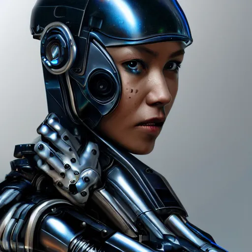 Image similar to a woman cyborg bounty hunter, a photorealistic painting by wang duo, featured on cg society, photorealism, behance hd, ultrafine detail, high detail, iridescent accents