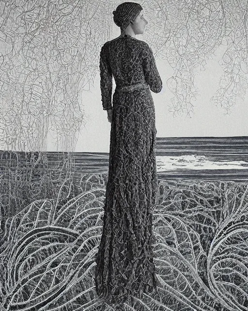 Image similar to a woman standing by the sea, made of intricate decorative lace leaf skeleton, in the style of the dutch masters and gregory crewdson, dark and moody