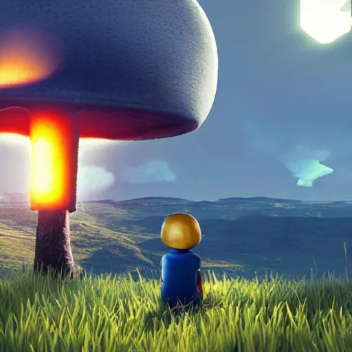 Prompt: a boy and a robot sitting and looking a nuclear explosion smoke mushroom from far away, unreal engine