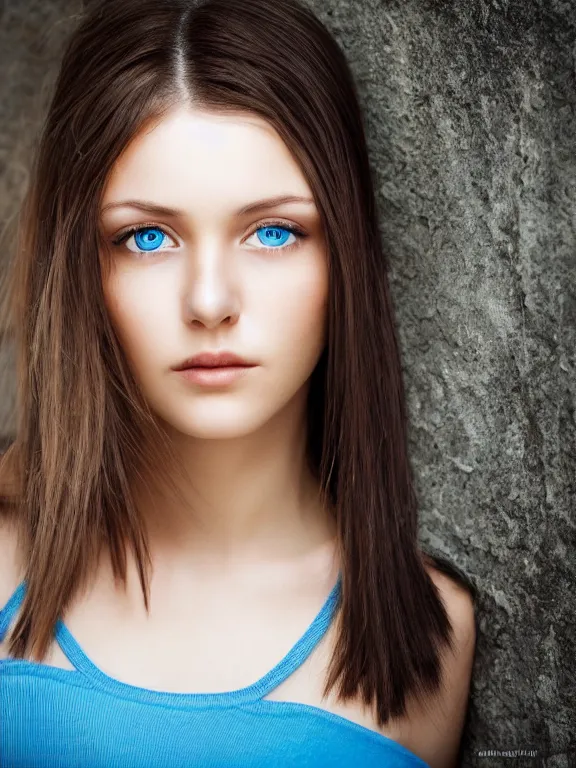 Image similar to hyperdetailed photo of a beautiful ukrainian girl with brown eyes and dark bob hairstyle, winds of winter, au naturel, blue eyes, cinematic lighting, studio quality