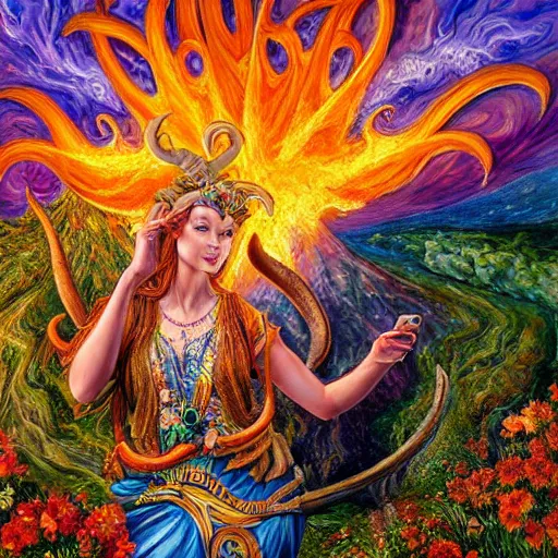 Image similar to painting by senior concept artist josephine wall, horned ram goddess checking her cell phone, erupting volcano in distance, sunset, flowers in foreground, zodiac, fantasy, acrylic on canvas, intricately detailed, highly detailed, high resolution, hdr, 8 k, trending on artstation