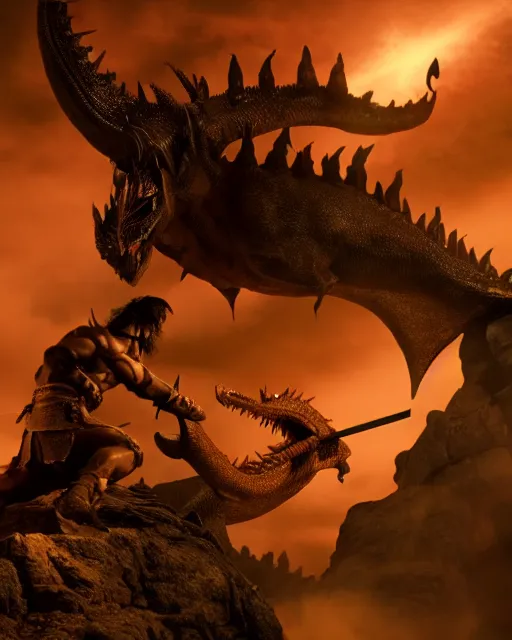 Prompt: closeup Photo of Conan the Barbarian fighting a dragon with a sword in a dungeon, rim lighting, octane, Edgar Rice Burroughs,