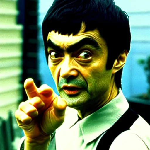 Image similar to mr. bean as bruce lee. movie still. cinematic lighting.