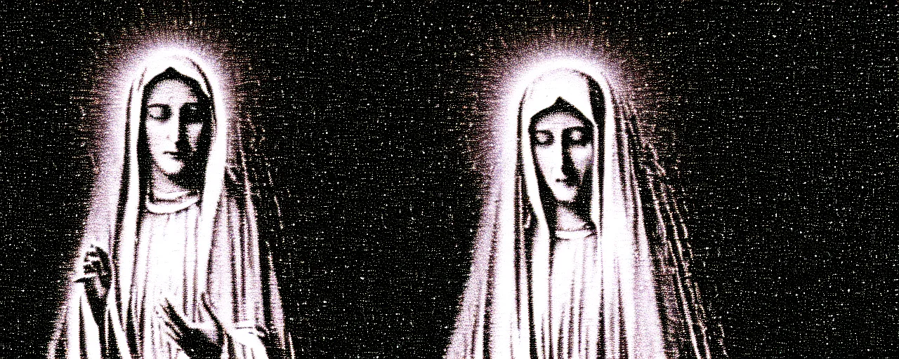 Image similar to vhs static overlay of marian apparition, vhs, 1 9 9 0, highly realistic, highly detailed, vhs noise static, black and white, vhs glitch