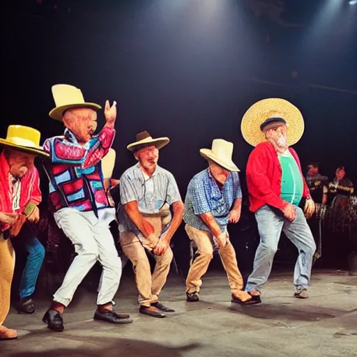 Prompt: 3 grandpas wearing mexican hats and twerking on a stage near the gream ripper, realistic faces, photorealistic