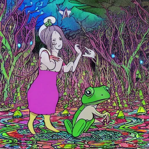 Image similar to scary fairy eating a frog in a psychedelic mushroom village, art style of junji ito, cel animation , masterpiece , post-processing , intricate , legendary matte painting