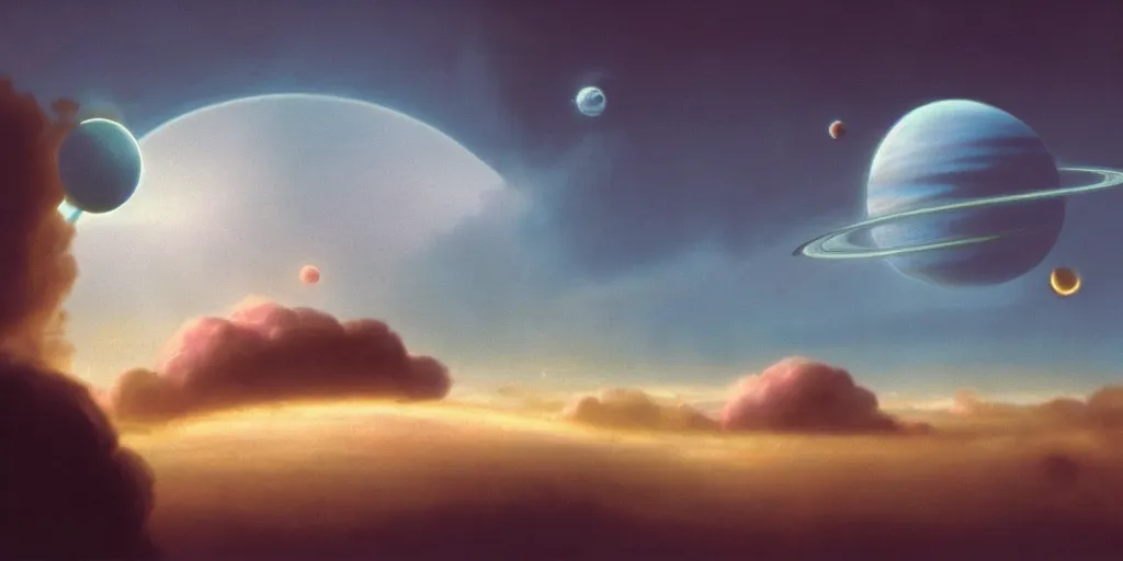 Image similar to blue dreamy cloudscape with a single planet in the clouds, daylight, cinematic lighting, cinematic perspective, syd mead, john harris, federico pelat,