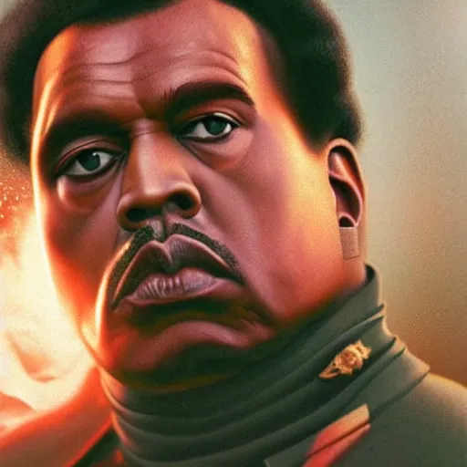 Prompt: kanye wst as muammar kadhafi as emperor napoleon in fallout, splash art, movie still, detailed face, cinematic lighting, dramatic, octane render, long lens, shallow depth of field, bokeh, anamorphic lens flare, 8 k, hyper detailed, 3 5 mm film grain