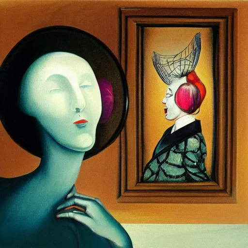 Image similar to A surrealist painting of a woman's head with a birdcage for a mouth