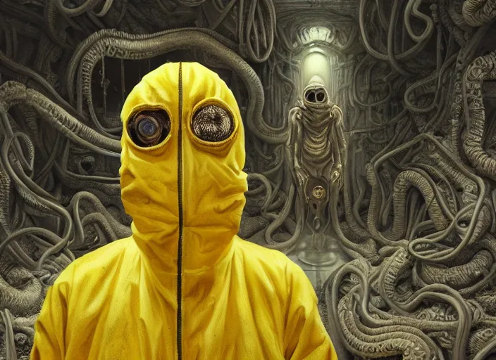 Prompt: a man in a yellow hazmat suit with a highly detailed Cthulhu Eldritch demon with many eyes and tentacles in an underground brutalist storeroom, highly detailed, intricate, cinematic, wide angle, grime, symmetrical and centered, front facing camera, epic lighting, Unreal engine render in 8k by Zdzslaw Beksinski and Wayne Barlowe