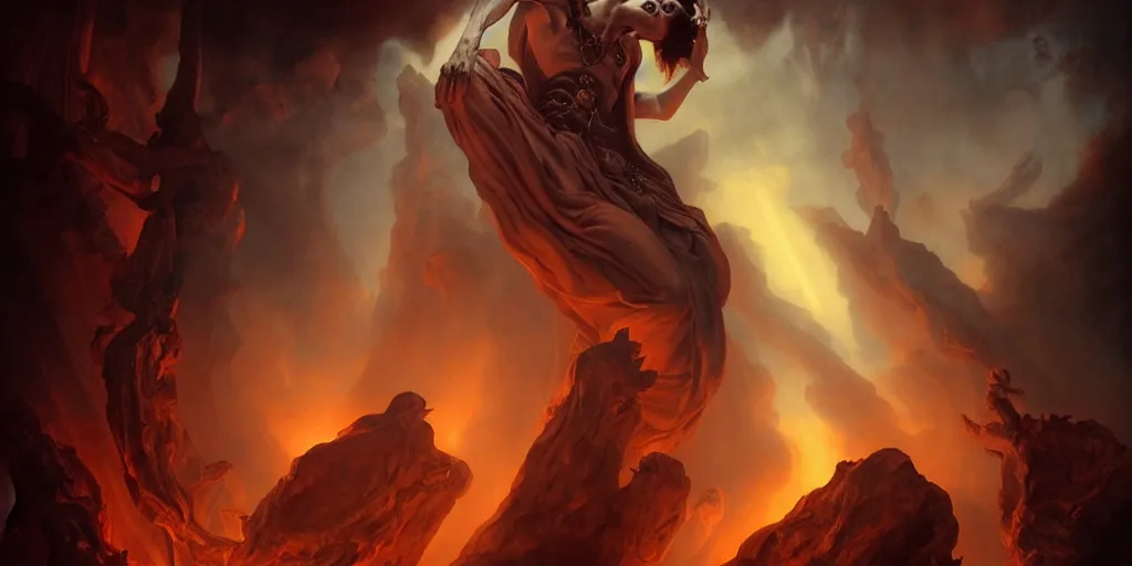 Prompt: Hades the God of the Underworld, by Rolf Armstrong and Evelyn De Morgan and Bastien Lecouffe-Deharme, dramatic lighting, high contrast colors, baroque, empyrean, panoramic view, as trending on Artstation, highly detailed, doom engine,