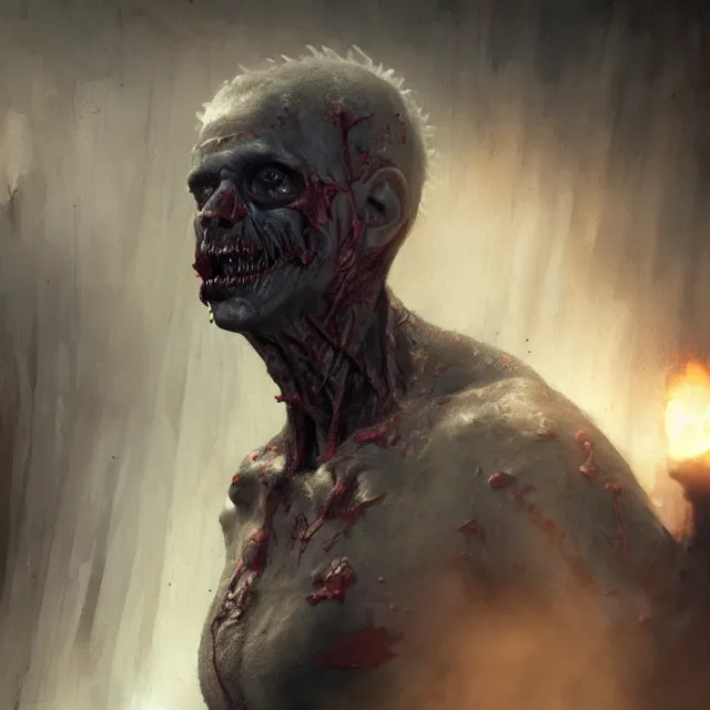 Image similar to hyper realistic portrait ghoul zombie cinematic, greg rutkowski, james gurney, mignola, craig mullins, brom redshift, vray, octane