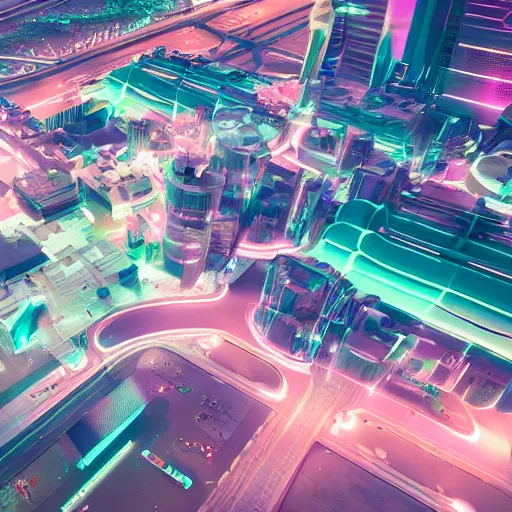Prompt: A futuristic city, neon lights and flying cars, birds-eye view, pastel colours, 8k octane render, extremely detailed.