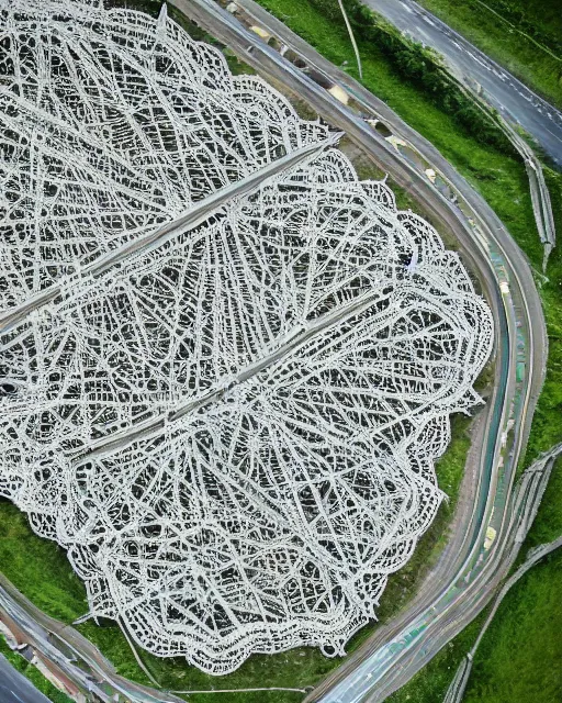 Image similar to orbital motorway, made of intricate decorative lace leaf skeleton, shot from a drone, in the style of the dutch masters and gregory crewdson, dark and moody