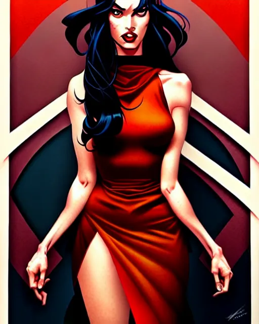 Image similar to artgerm, joshua middleton comic cover art, full body pretty megan fox vampire sharp teeth, red dress, symmetrical eyes, symmetrical face, long curly black hair, dark castle background background, cinematic lighting