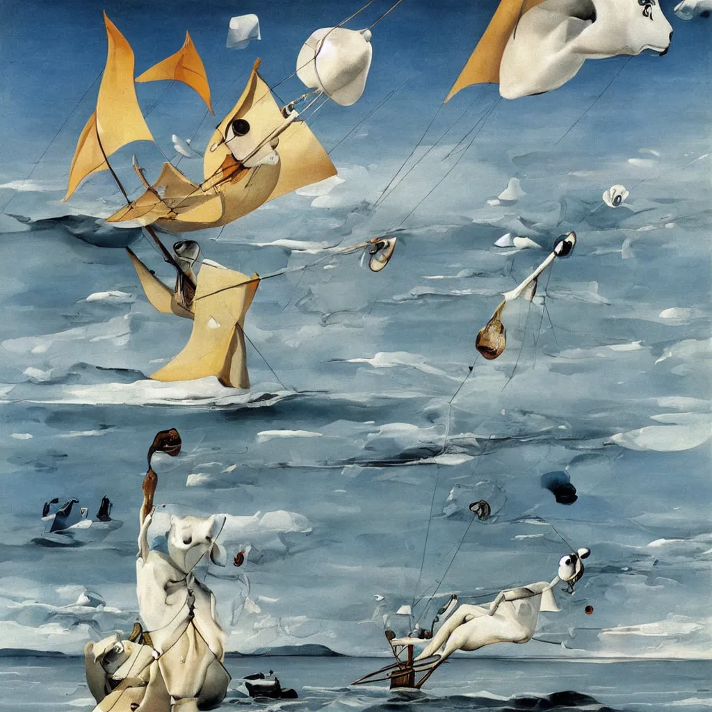 Image similar to baby harp seal sailing a trimaran, painting by salvador dali, surrealism