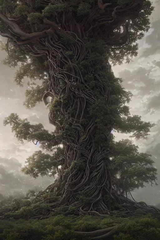 Prompt: a beautiful and detailed matte painting of a massive, tall, rich tree, low angle, looking up, complex tangled vines, digital art, painted by greg rutkowski