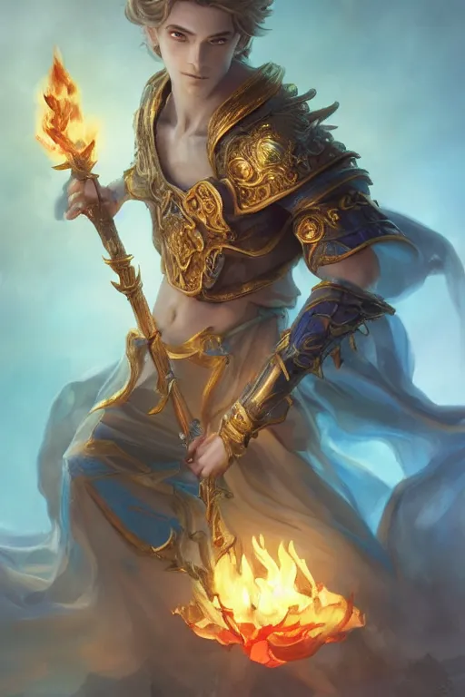 Image similar to legendary fairy prince hold flame staff, blue energy, highly detailed, d & d, fantasy, highly detailed, digital painting, trending on artstation, concept art, sharp focus, illustration, global illumination, ray tracing, realistic shaded, art by artgerm and greg rutkowski and fuji choko and viktoria gavrilenko and hoang lap