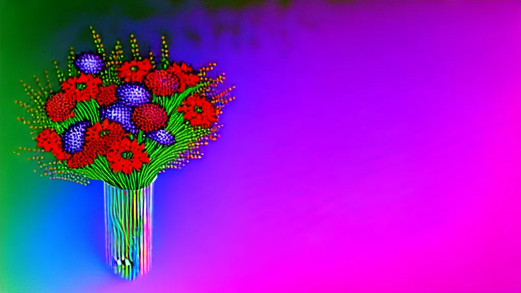 Prompt: bouquet of flowers risograph holographic chrome neon streaks 4k sharpening photorealism gothic rule of thirds composition dramatic lighting