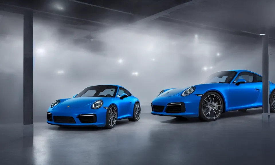 Image similar to photograph of a blue porsche 911 standing in a garage, centered, mist, volumetric light, cinematic lighting, octane render, 4k, ultra realistic