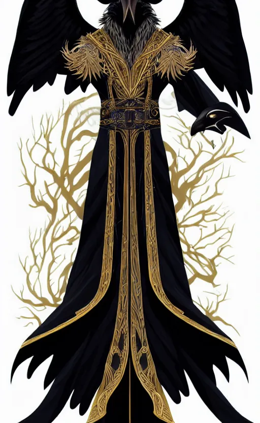 Image similar to raven headed male warlock doing wind magic, white and gold robes, exquisite details, full body character design on a white background, by studio muti