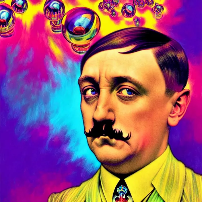 Image similar to bright psychedelic portrait of cute adolf hitler having fun at a pool party, diffuse lighting, fantasy, intricate, elegant, highly detailed, lifelike, photorealistic, digital painting, artstation, illustration, concept art, smooth, sharp focus, art by John Collier and Albert Aublet and Krenz Cushart and Artem Demura and Alphonse Mucha