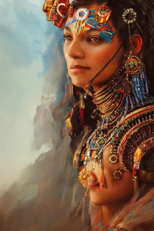 Prompt: aztec princess, gorgeous, close - up portrait, intricate, elegant, volumetric lighting, scenery, digital painting, highly detailed, artstation, sharp focus, illustration, concept art, ruan jia, steve mccurry