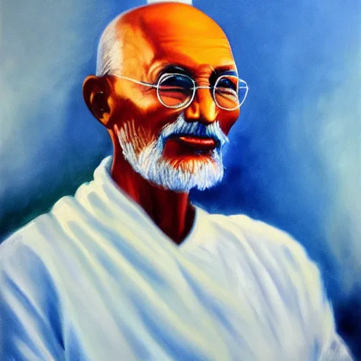 Prompt: Portrait Oil painting of Ghandi holding a nuclear head