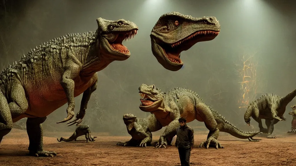 Prompt: movie scene of a group of draconian humanoid walking around the dinosaurs, reptil, reptilian, movie still, cinematic composition, cinematic light, criterion collection, reimagined by industrial light and magic, Movie by David Lynch and Ridley Scott